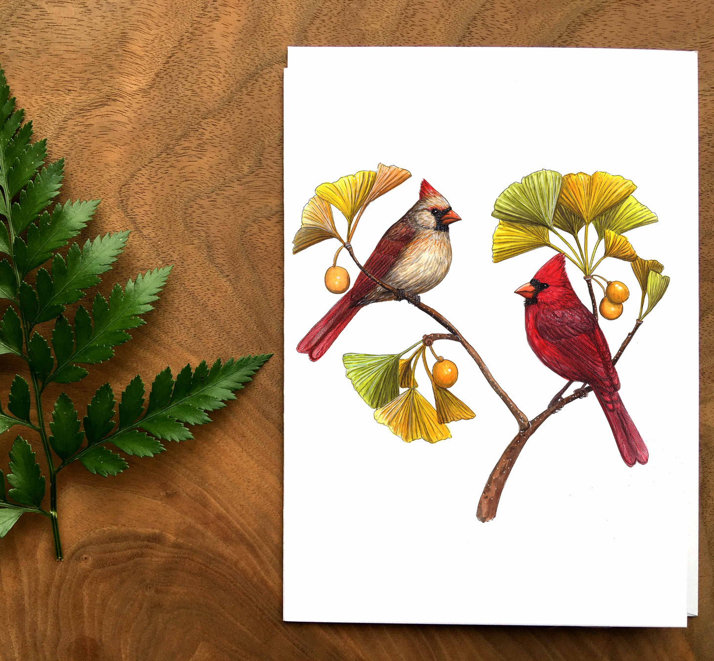 Carte de souhaits - Les cardinaux et le ginkgo