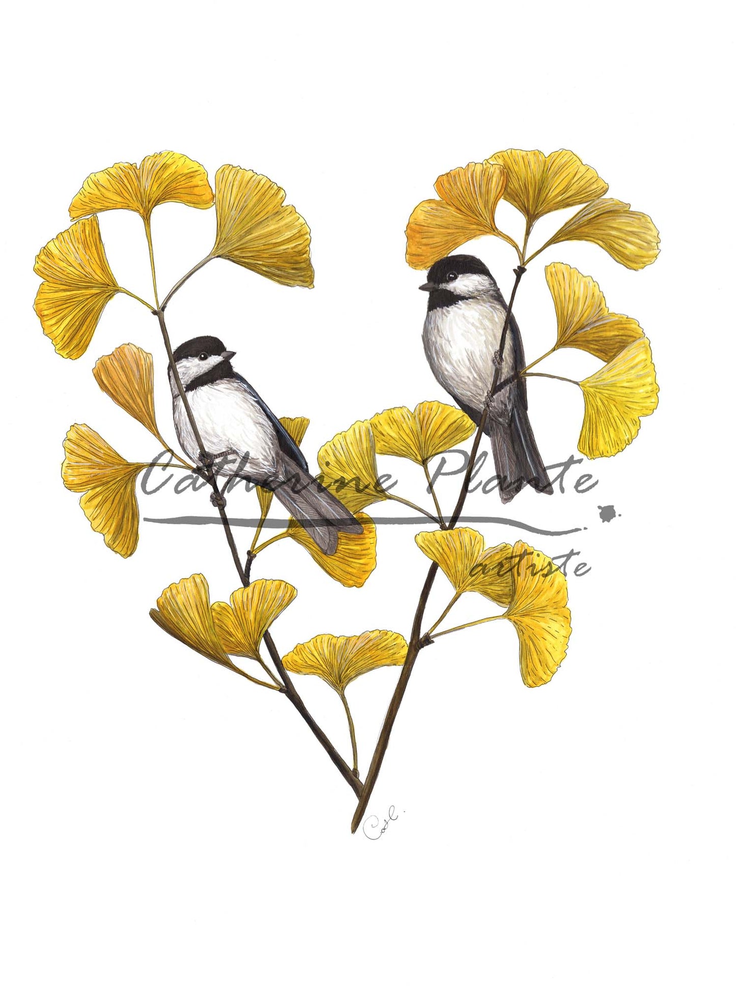 Impression d'art - Les mésanges et le ginkgo 16 x 12 po - Giclée numérotée et signée