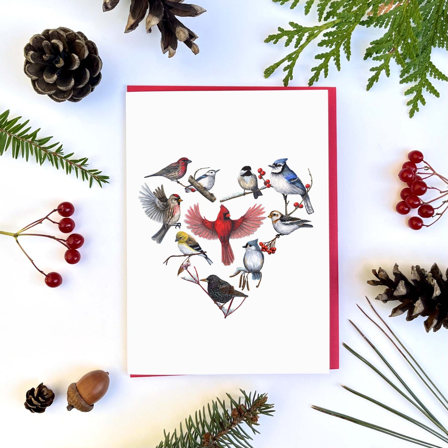 Carte de souhaits - Cœur d'oiseaux hivernaux