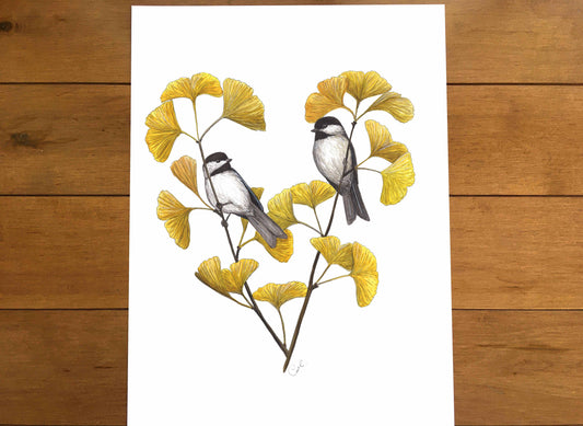 Impression d'art -  Les mésanges et le ginkgo 16 x 12 po - Giclée numérotée et signée